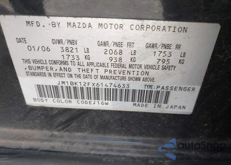 2006 Mazda Mazda3 I z USA, uszkodzony, nr VIN JM1BK12FX61474633